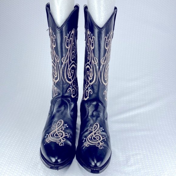 Black Leather Music Note Cowgirl Boots - Picture 3 of 11
